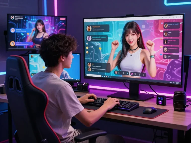 Engaging scene of a user interacting with a hentai AI chat character in a vibrant digital studio.