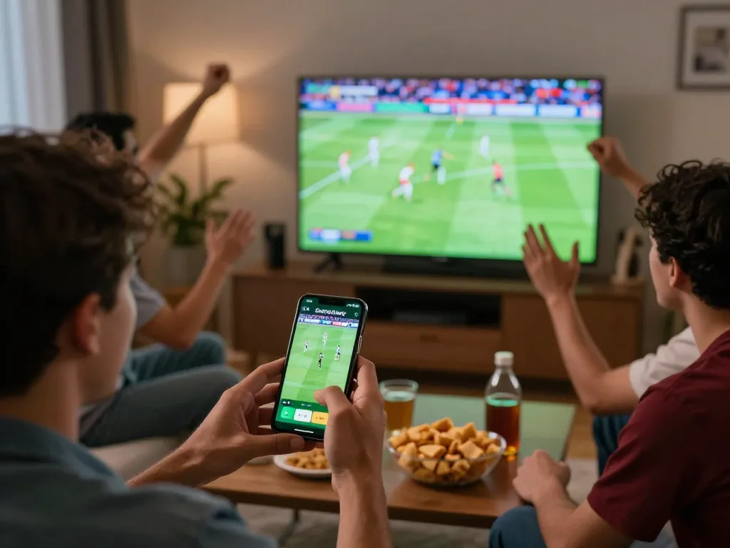 Socolive trực tiếp bóng đá fan interacting with sports app watching exciting game with friends