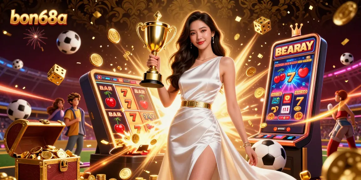 Experience thrilling victories with bon68a's dynamic sports betting scene featuring a trophy cup and jackpot elements.