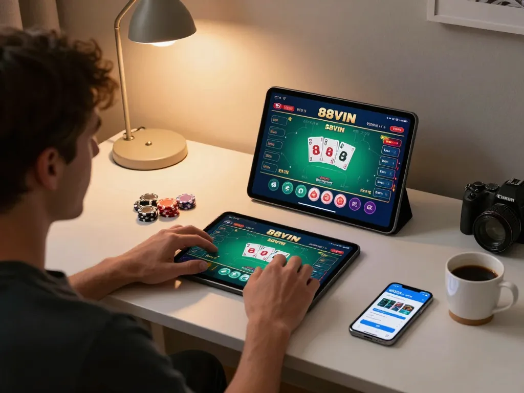 Person enjoying online gaming on 88VIN tablet, showcasing a comfortable home setup.