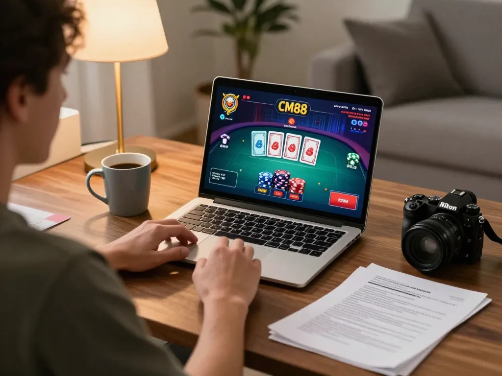 Person enjoying a CM88 game session on a laptop with poker interface displayed, cozy home setting