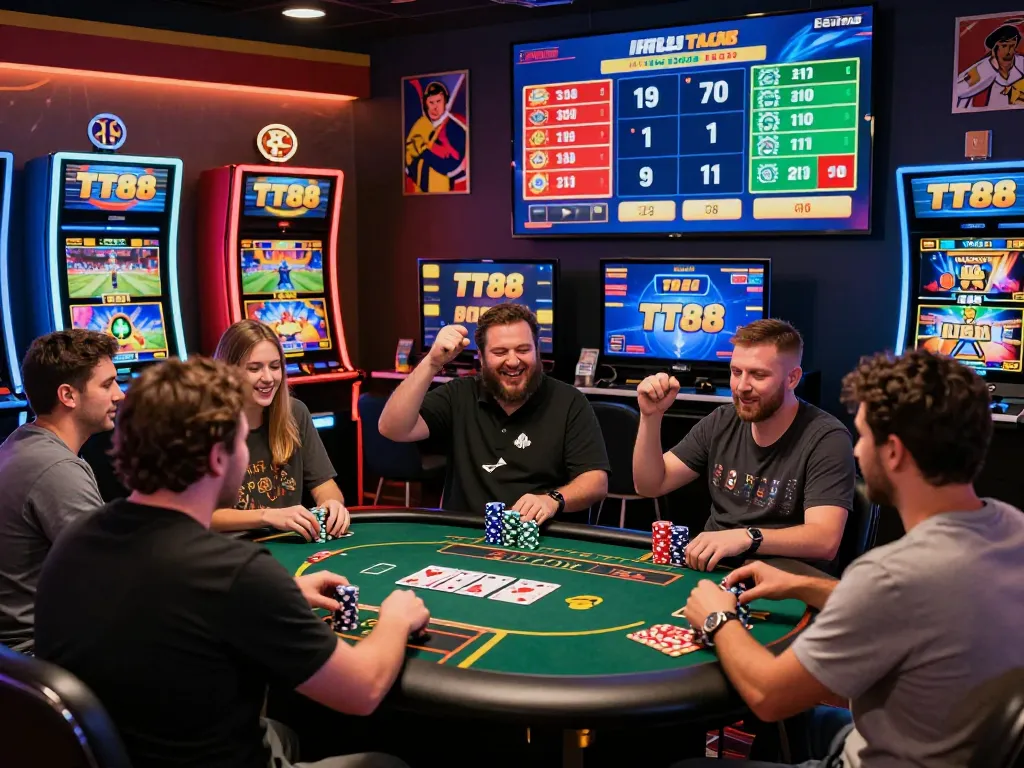 A lively online gambling scene at TT88 featuring diverse players celebrating wins and checking live betting options, highlighting the excitement of sports and casino gaming.