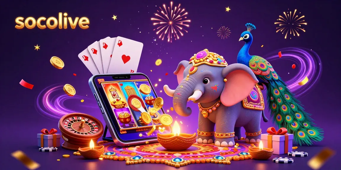Socolive offers an exciting gaming experience with vibrant elements, featuring an intricately decorated elephant and peacock, surrounded by a colorful gambling scene.