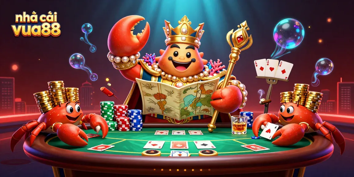 Engage in thrilling gameplay at nhà cái vua88 with a vibrant casino scene featuring a golden crab emperor.