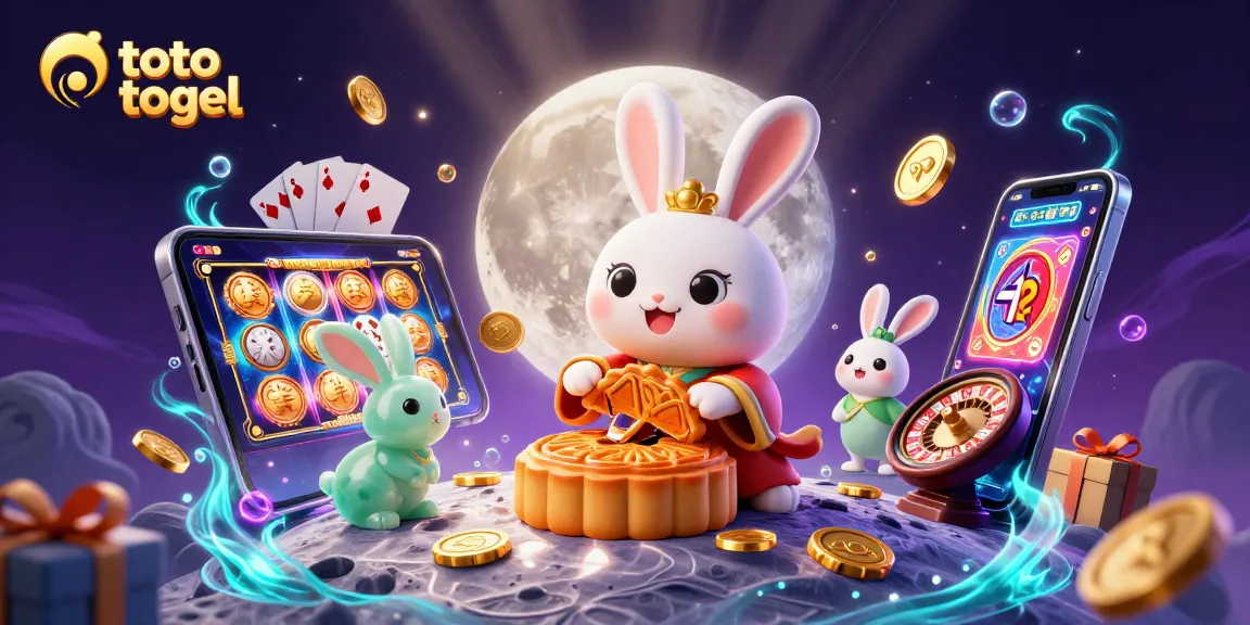Join the fun with toto togel as the moon rabbit pounds mooncakes revealing poker chips in a vibrant 3D scene.