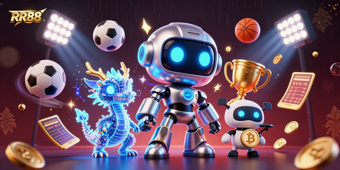 Experience the excitement of RR88 with a vibrant illustration of a cyberpunk robot and a bitcoin-carrying drone amidst dynamic betting elements.