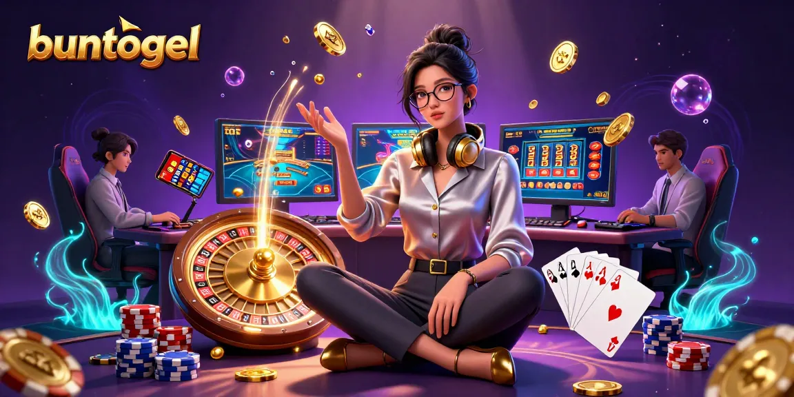 Buntogel showcases a professional Asian woman at a high-tech gaming setup, enjoying lottery excitement.