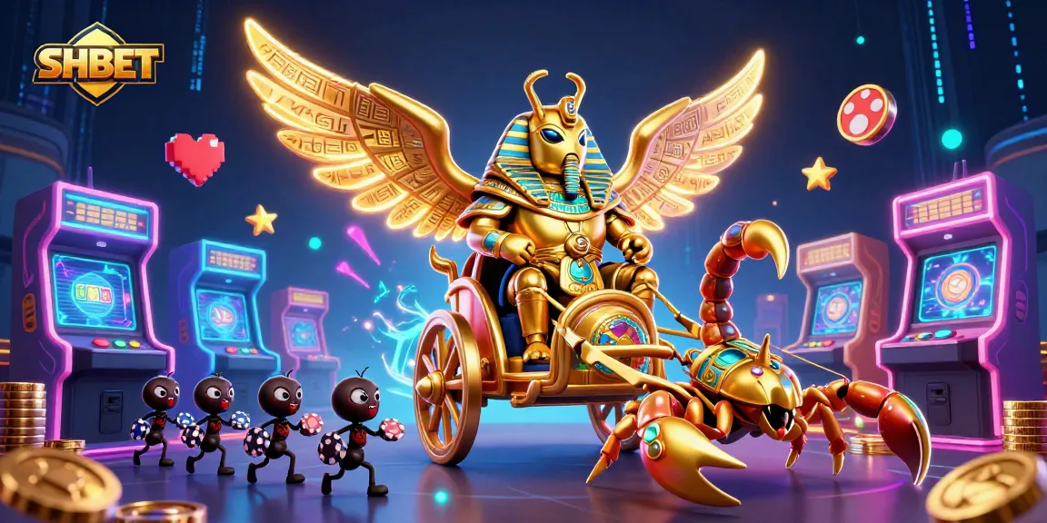 Engage with SHBET's vibrant gaming atmosphere featuring a colossal scarab and scorpions in action.