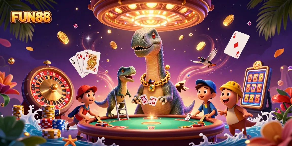Experience the excitement of FUN88 as a towering dinosaur delights in a vibrant casino scene.