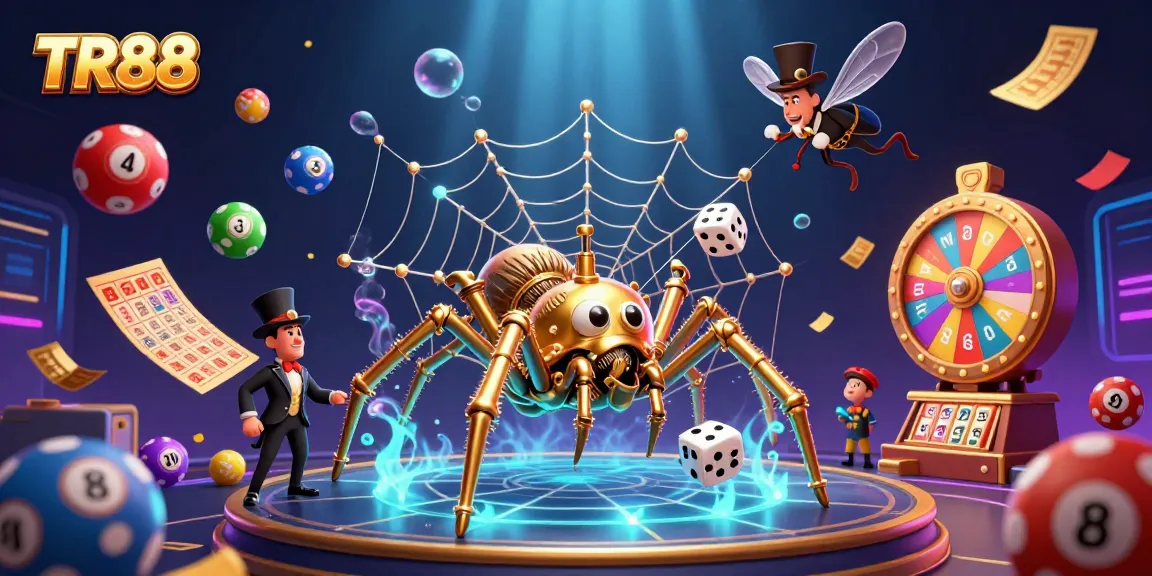 Engage with TR88's vibrant lottery experience featuring a whimsical web of chance and excitement.