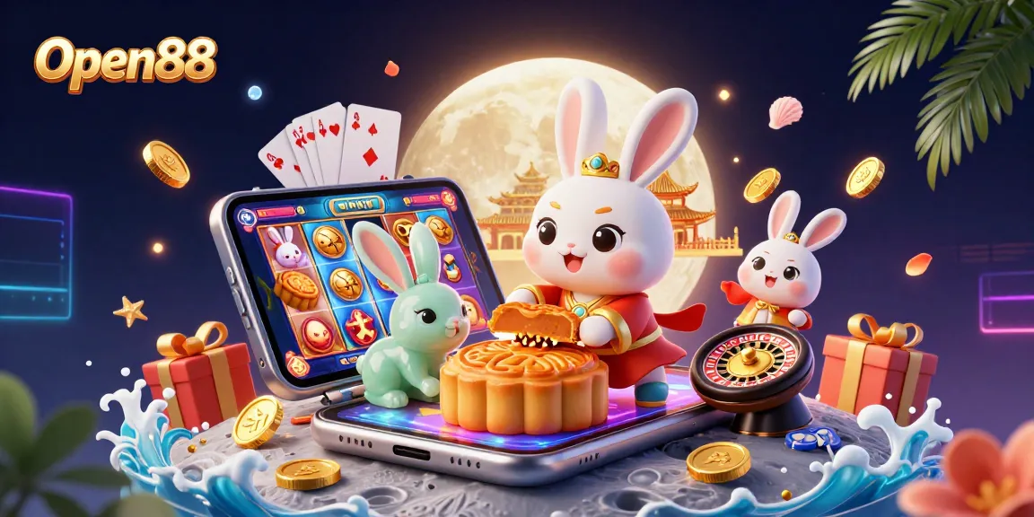 Open88 Casino illustration featuring moon rabbit, poker chips, and vibrant gaming elements.