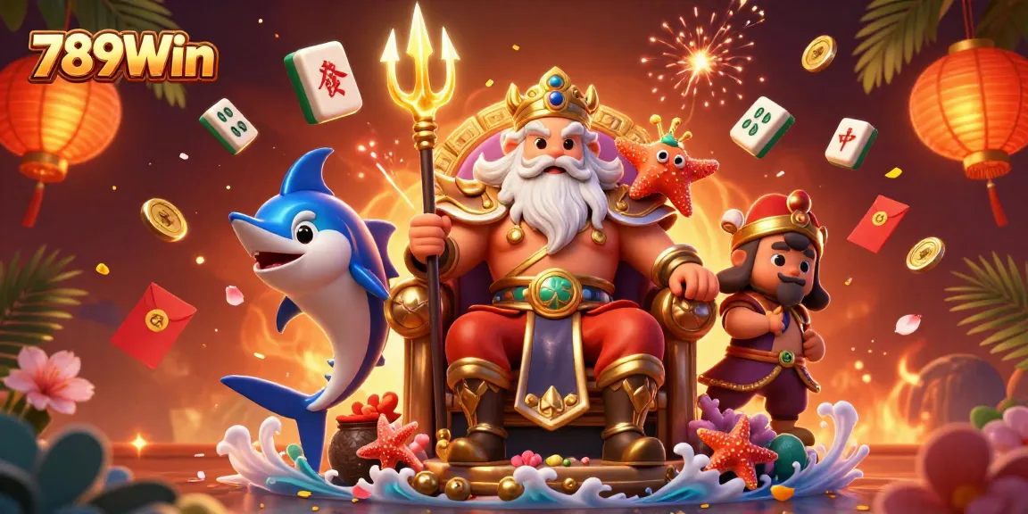 Engage at 789Win with thrilling casino games in a vibrant 3D illustration featuring Neptune.