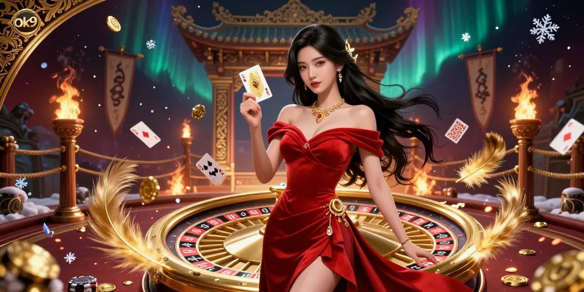 Experience the thrill of ok9's golden casino ambiance with a stunning Asian woman and roulette action.