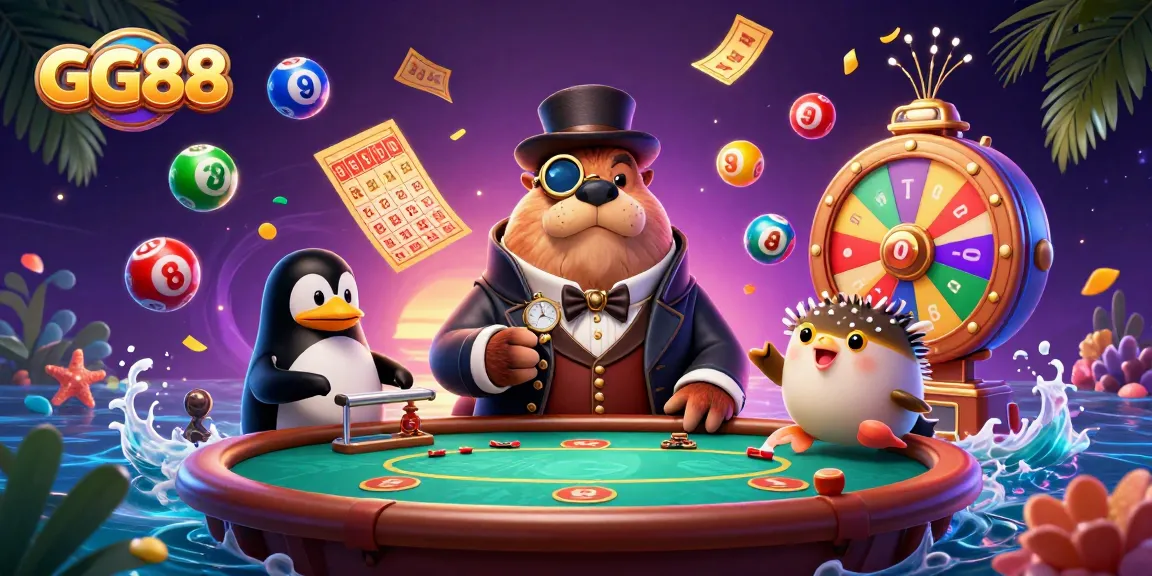 GG88 poker scene with a walrus, penguin dealer, and pufferfish player engaged in a dynamic game.
