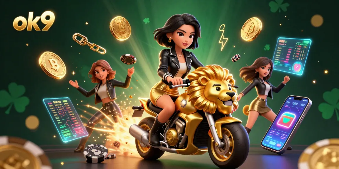 Engage with exciting games at ok9, where a glamorous Asian woman rides a golden lion mascot amidst poker chips and crypto elements.
