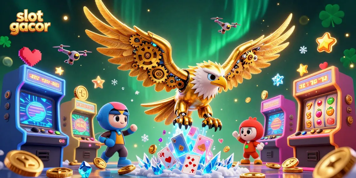 Experience slot gacor action with cybernetic golden eagle and arcade game elements in a vibrant casino setting