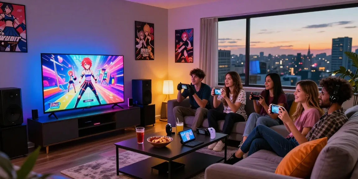 Group enjoying a hentai game in a stylish gaming lounge with vibrant visuals.