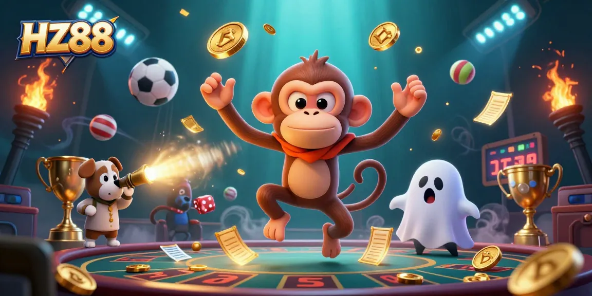 Experience thrilling gameplay at HZ88 with a mischievous monkey juggling golden coins in a vibrant casino setting.