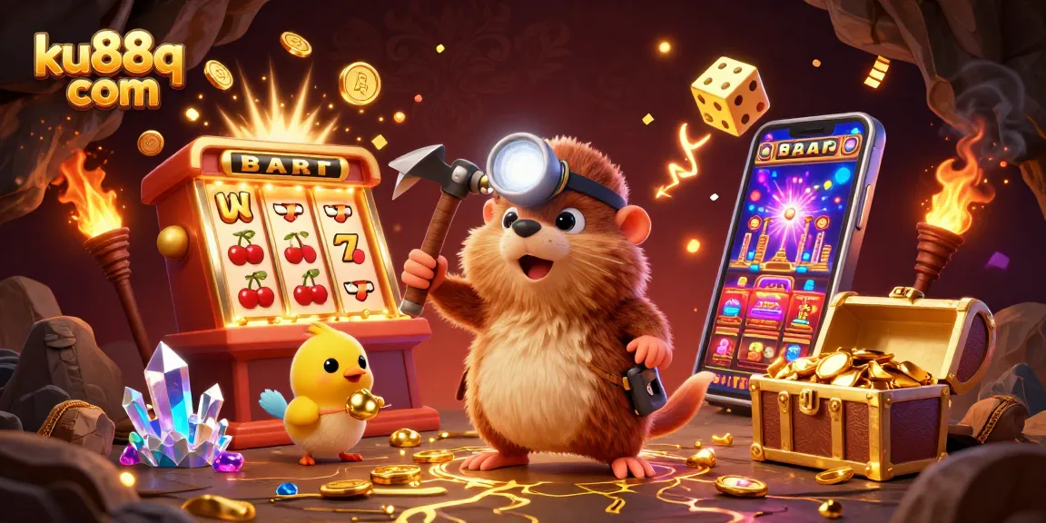 ku88q com showcases an exciting casino scene with a cartoon mole mining treasures, featuring vibrant slot machine elements and dynamic gold.