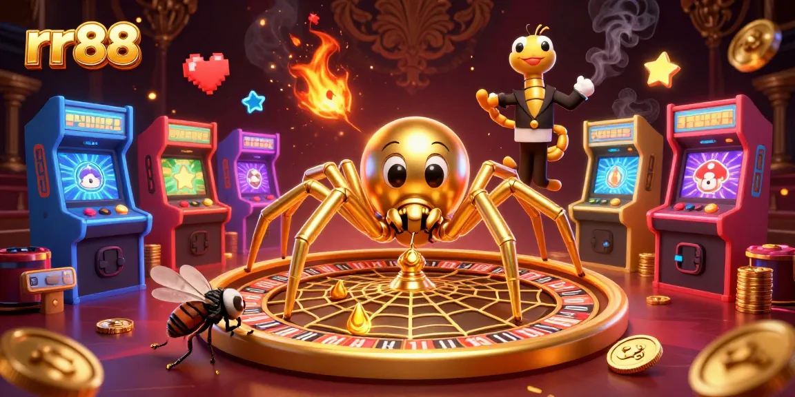 Experience the excitement of rr88 with a vibrant casino scene featuring a spider, fly, and centipede in a dynamic gaming atmosphere.