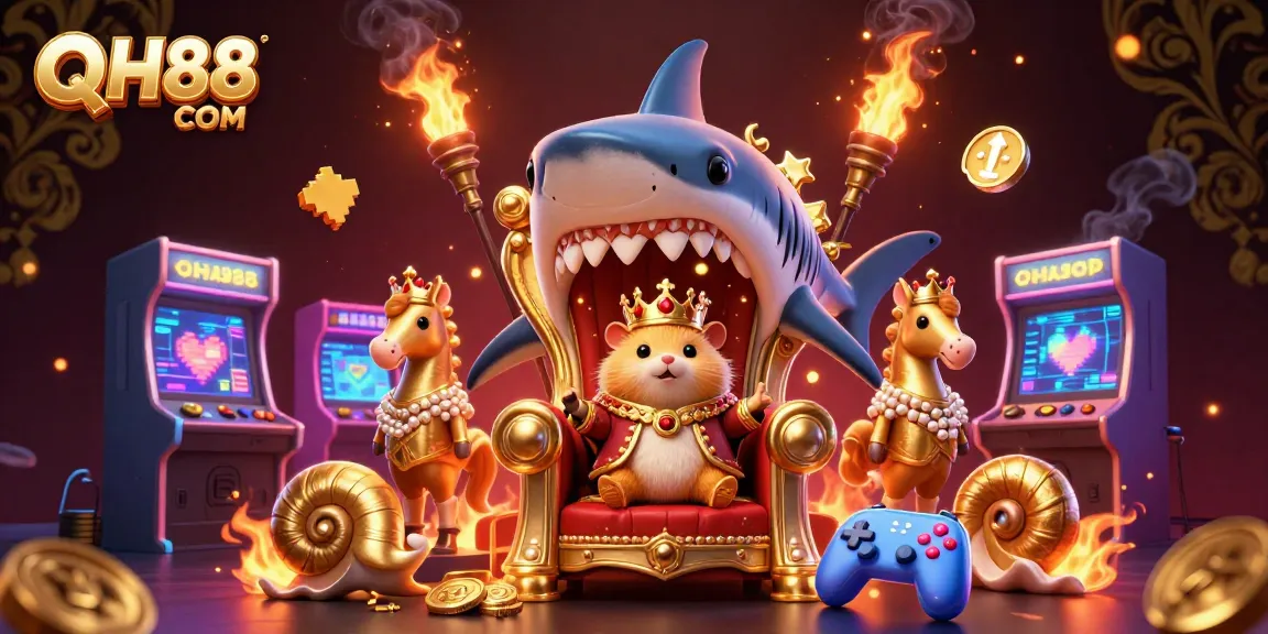 Engage with vibrant QH88 COM gaming scene featuring a hamster king and casino elements.