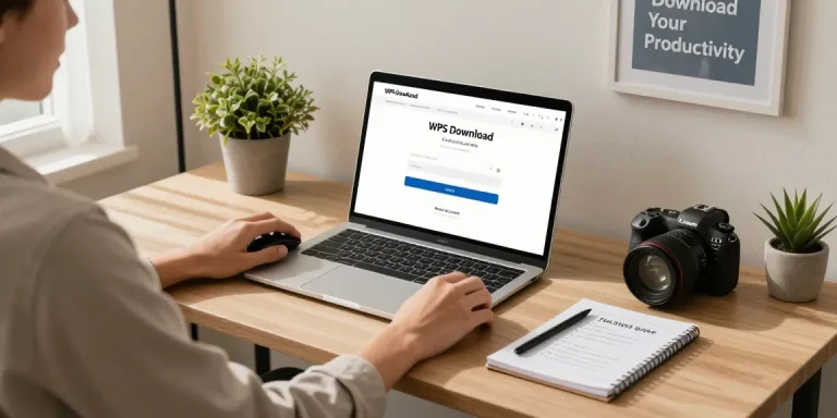 WPS Download on a modern laptop in a cozy home office with plants.