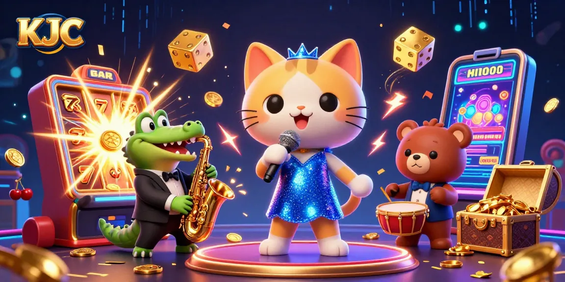 Engage with KJC's vibrant casino scene featuring a jazzy cat, crocodile, and bear amidst jackpot excitement.