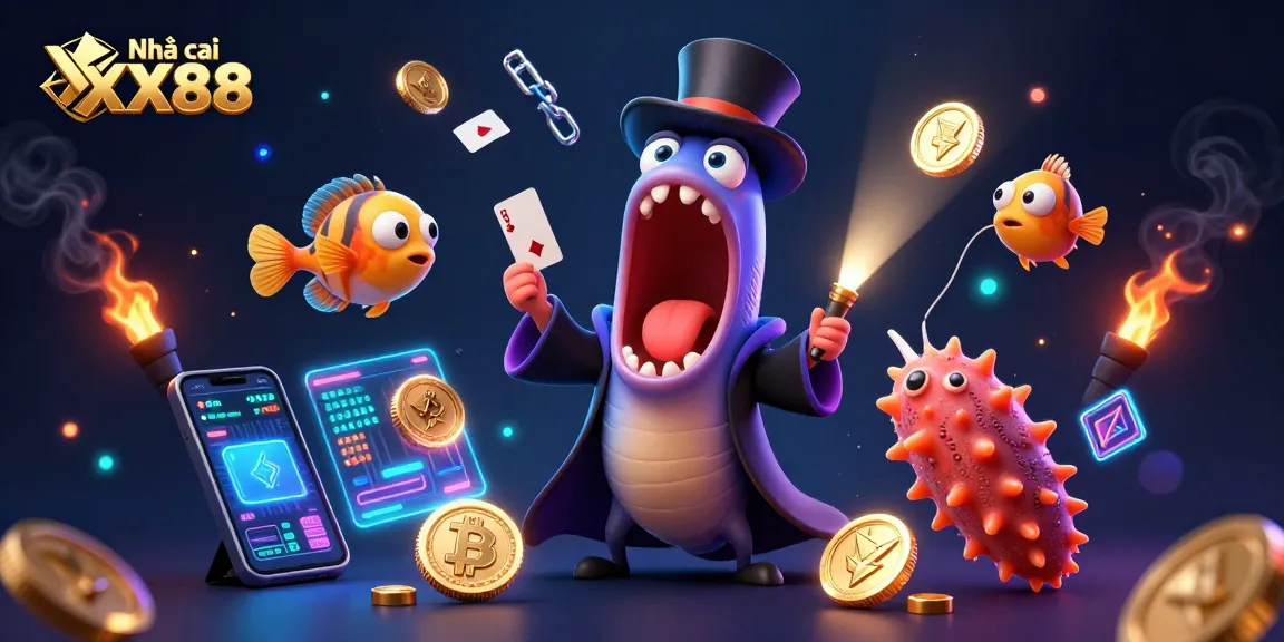 Experience the magic of Nhà cái XX88 with a dazzling scene of sea creatures performing tricks, surrounded by glowing cryptocurrency coins.
