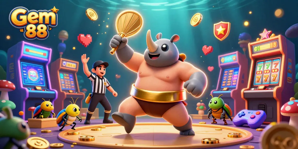 Win big at Gem 88 with exciting games, featuring a vibrant illustration of a beetle champion.