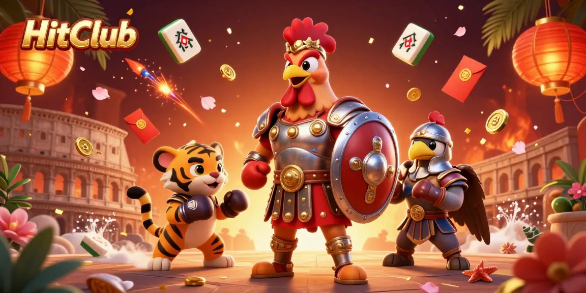 Spin and win at HitClub with a vibrant 3D casino illustration featuring colorful game elements and characters.
