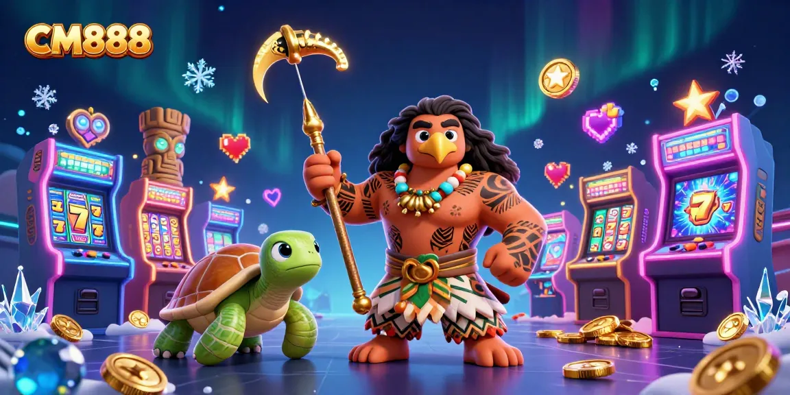 Play CM888 slots with a vibrant 3D demigod and turtle surrounded by casino elements