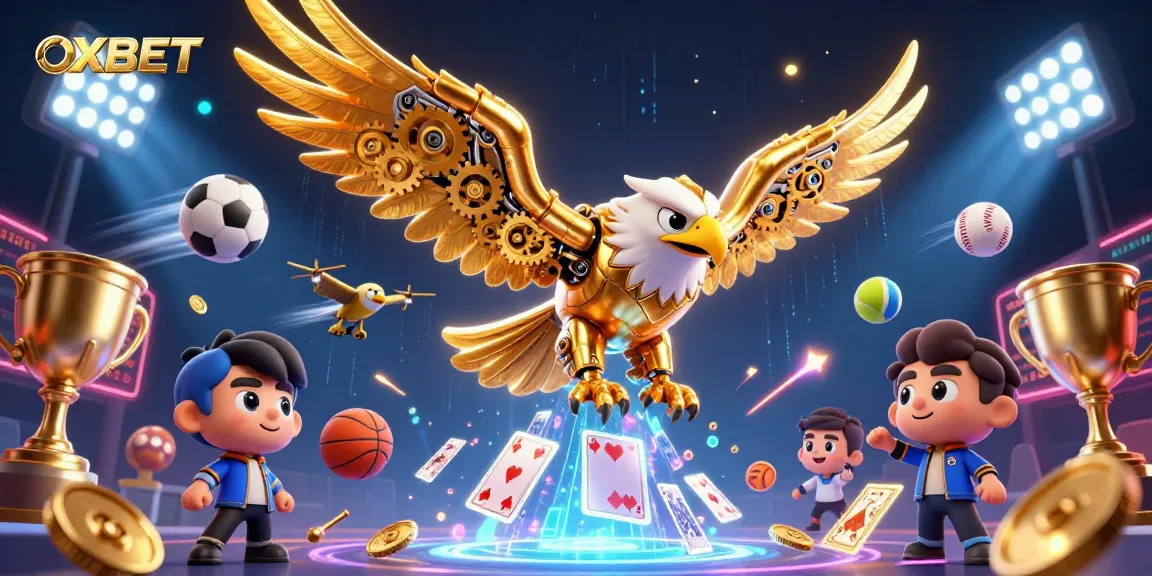 Experience the thrill of betting at OXBET with a stunning illustration of a cybernetic eagle among dynamic sports elements.