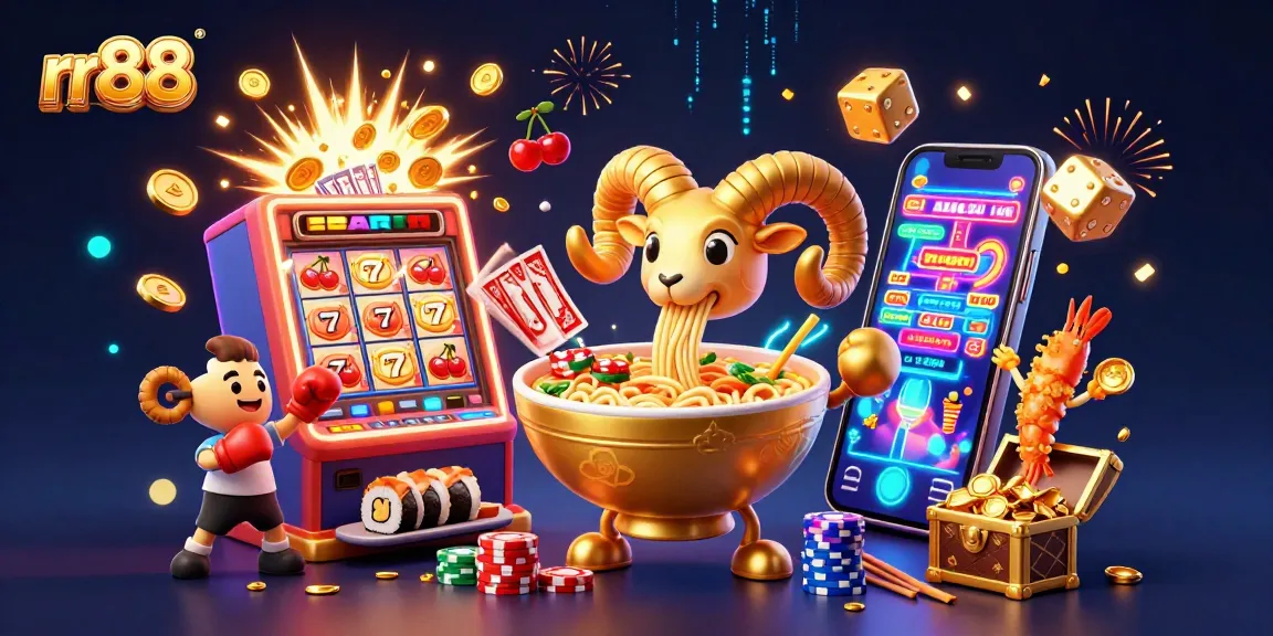rr88's vibrant casino scene with a giant ramen bowl character, slot machines, and festive casino elements.