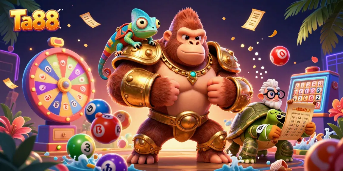 Engage with thrilling Ta88 gaming moments featuring vibrant lottery balls and dynamic characters.