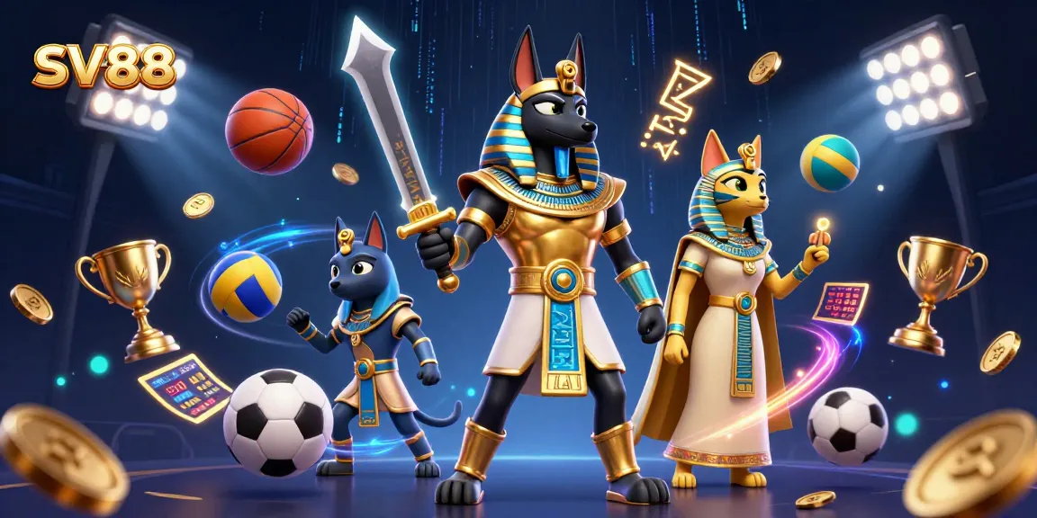 Experience thrilling sports betting at SV88 with dynamic elements and engaging characters surrounded by gold coins.
