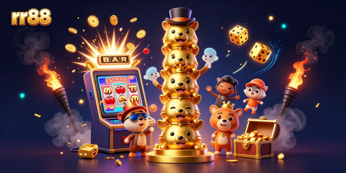 Play dynamic games at RR88 with a colorful 3D totem and exciting jackpot scene.