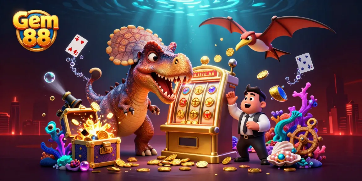 Catch the excitement at Gem 88 as a dinosaur hits the jackpot on a slot machine!
