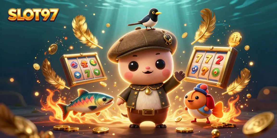 SLOT97 reels spin as cartoon characters enjoy a vibrant 3D casino scene, captivating players.
