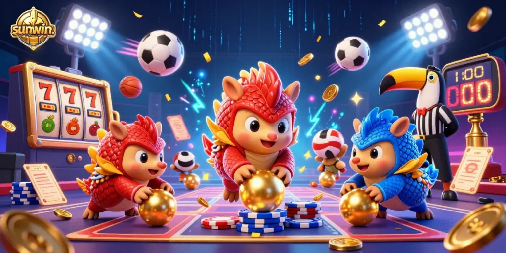 Experience thrilling gameplay at sunwin. with rival pangolins bowling through poker chips in a vibrant casino.