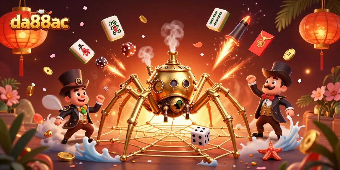 da88ac spider entangles dice in a vibrant casino-themed illustration, showcasing rich gambling elements and festive decor.