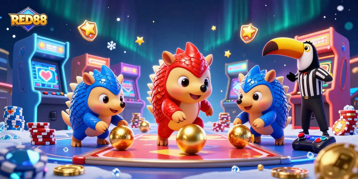 RED88 pangolins bowling through poker chips, showcasing vibrant casino gaming excitement.