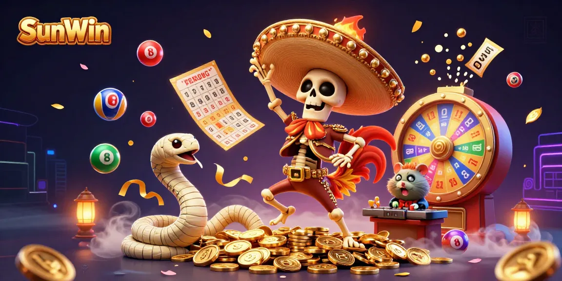 Experience SunWin in a vibrant scene with a skeleton mariachi rooster dancing on golden coins, highlighting gaming excitement.
