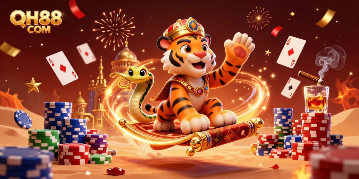 Experience thrilling wins at QH88 COM with a vibrant, dynamic online casino scene featuring a tiger sultan and magical elements.