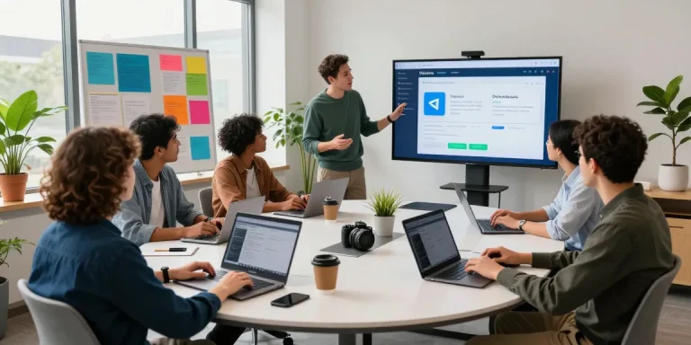 Experience seamless communication with Telegram Download in a modern team workspace filled with collaboration tools and bright ambiance.