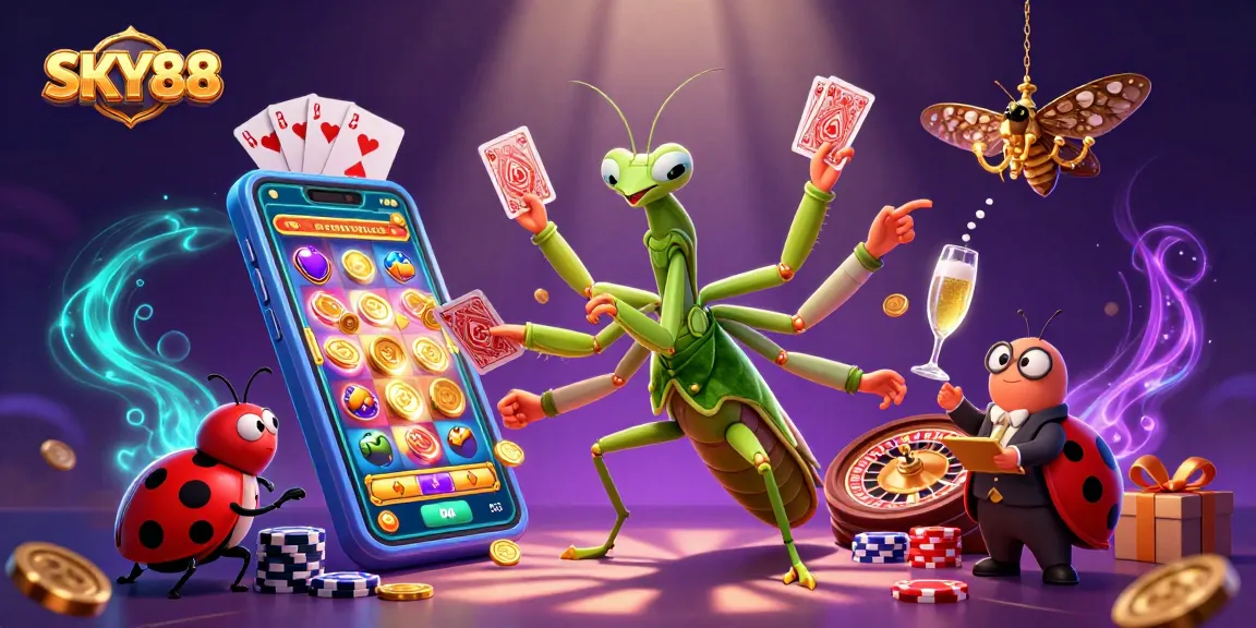 Engage with the thrilling world of SKY88 as a mantis card sharp and ladybug pit boss oversee the vibrant casino action.