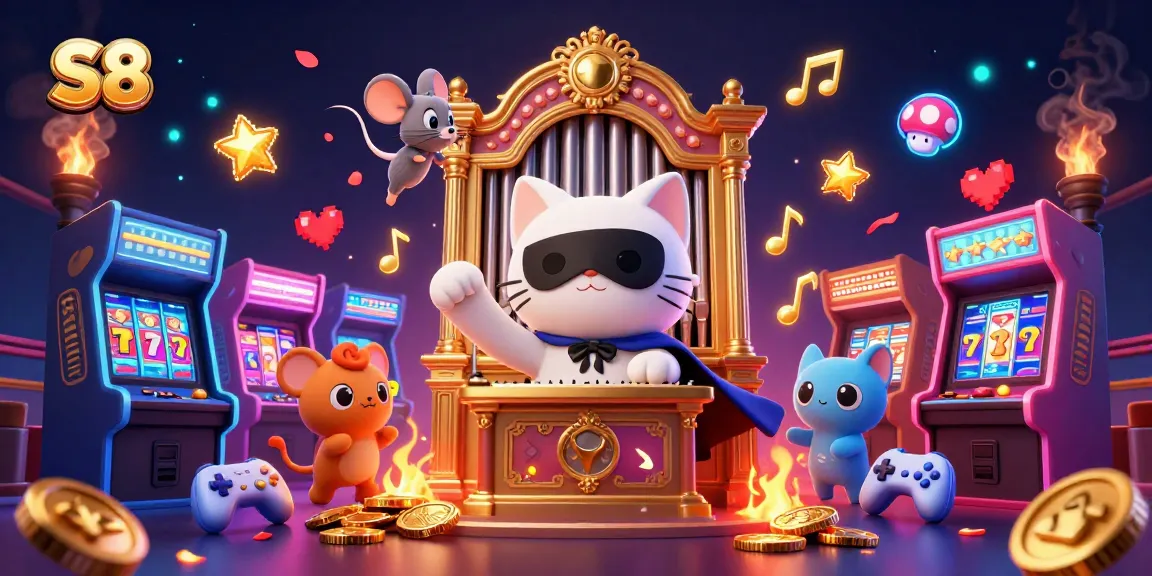 S8 showcases a dynamic casino scene with a phantom cat and mouse acrobat, enhancing the gaming experience.