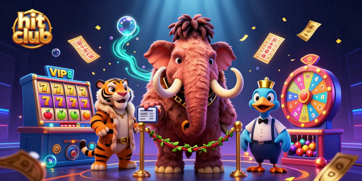 Experience the thrill at hit club with animated characters, slot games, and vibrant casino elements