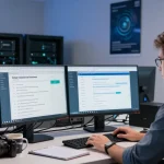 Cyber Essentials managed service workspace with professional reviewing security compliance metrics in a modern IT environment.
