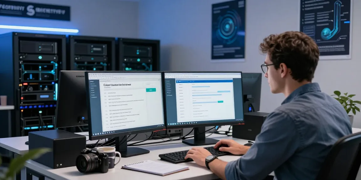 Cyber Essentials managed service workspace with professional reviewing security compliance metrics in a modern IT environment.