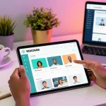 Dynamic workspace showcasing rokok88 app interaction with user, tablet features, and creative elements.